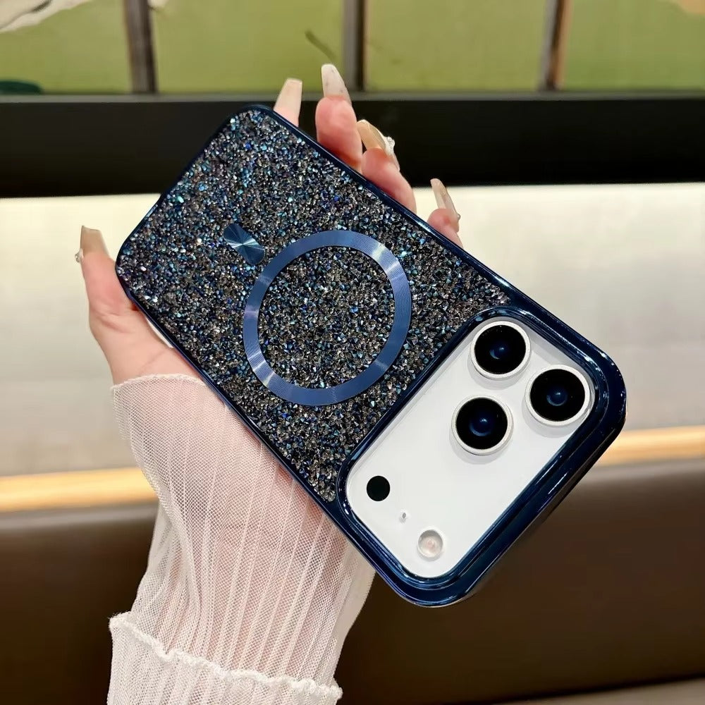 Luxury Magnetic iPhone Case with Glitter Diamond Plating — Shockproof PC Cover, Sparkling Edges, Anti-Scratch, Wireless Charging Compatible