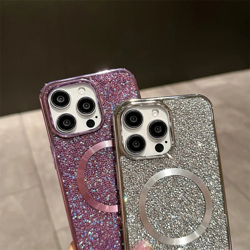 Luxury Magnetic iPhone Case with Glitter Diamond Plating — Shockproof PC Cover, Sparkling Edges, Anti-Scratch, Wireless Charging Compatible