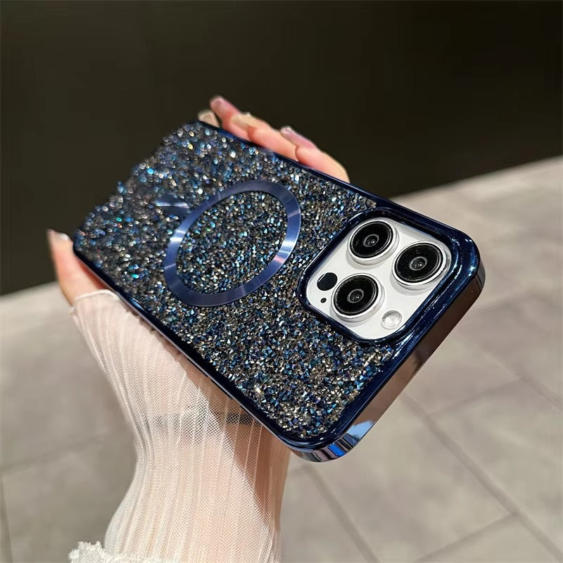 Luxury Magnetic iPhone Case with Glitter Diamond Plating — Shockproof PC Cover, Sparkling Edges, Anti-Scratch, Wireless Charging Compatible