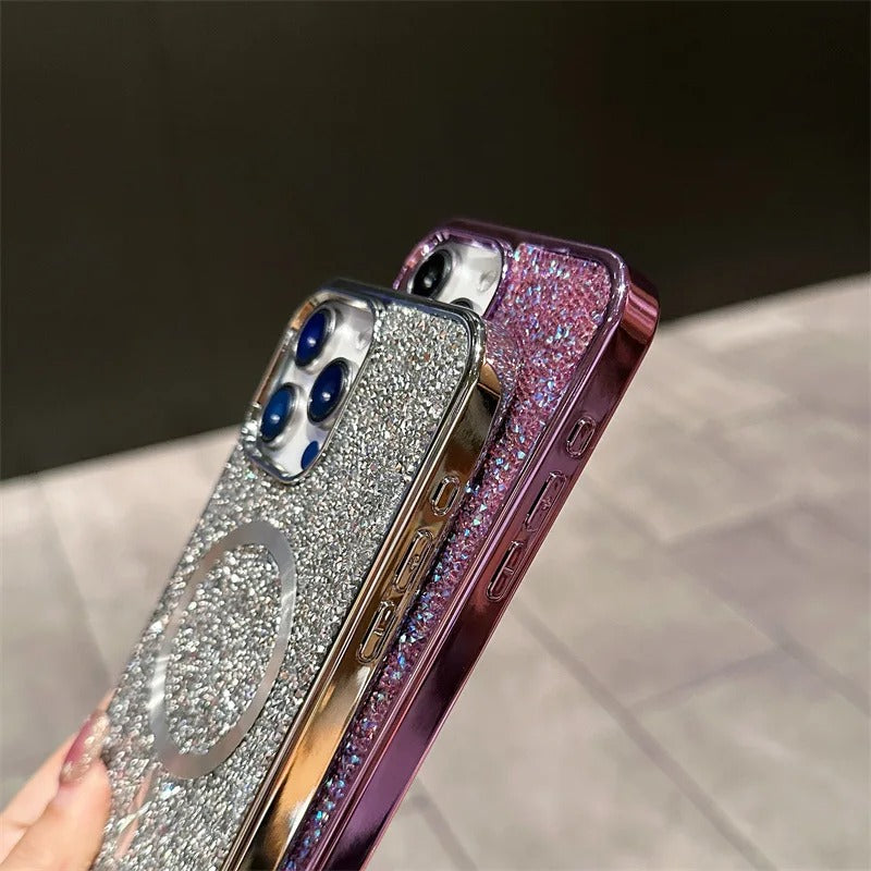 Luxury Magnetic iPhone Case with Glitter Diamond Plating — Shockproof PC Cover, Sparkling Edges, Anti-Scratch, Wireless Charging Compatible