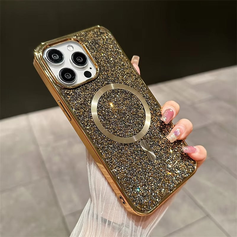 Luxury Magnetic iPhone Case with Glitter Diamond Plating — Shockproof PC Cover, Sparkling Edges, Anti-Scratch, Wireless Charging Compatible