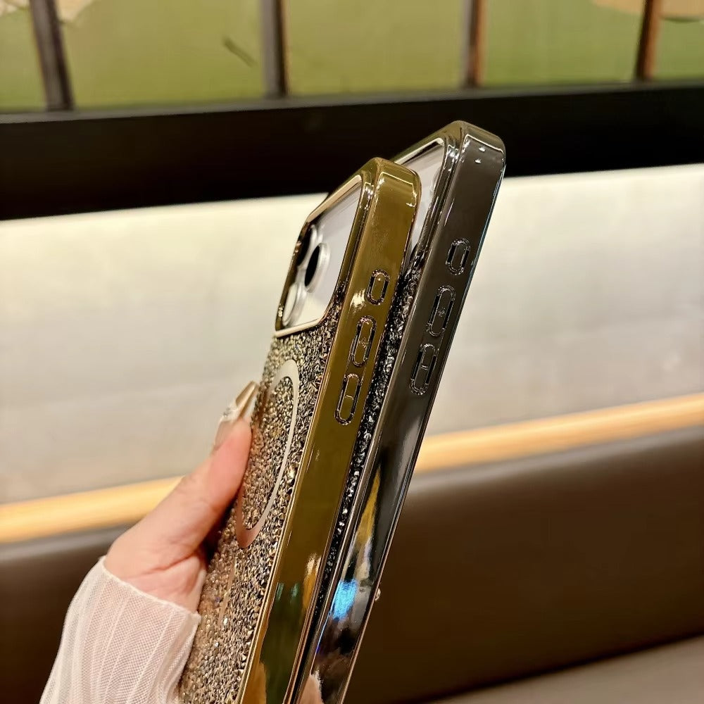 Luxury Magnetic iPhone Case with Glitter Diamond Plating — Shockproof PC Cover, Sparkling Edges, Anti-Scratch, Wireless Charging Compatible