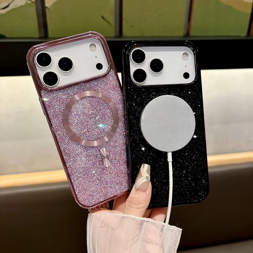 Luxury Magnetic iPhone Case with Glitter Diamond Plating — Shockproof PC Cover, Sparkling Edges, Anti-Scratch, Wireless Charging Compatible