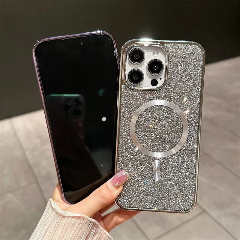 Luxury Magnetic iPhone Case with Glitter Diamond Plating — Shockproof PC Cover, Sparkling Edges, Anti-Scratch, Wireless Charging Compatible