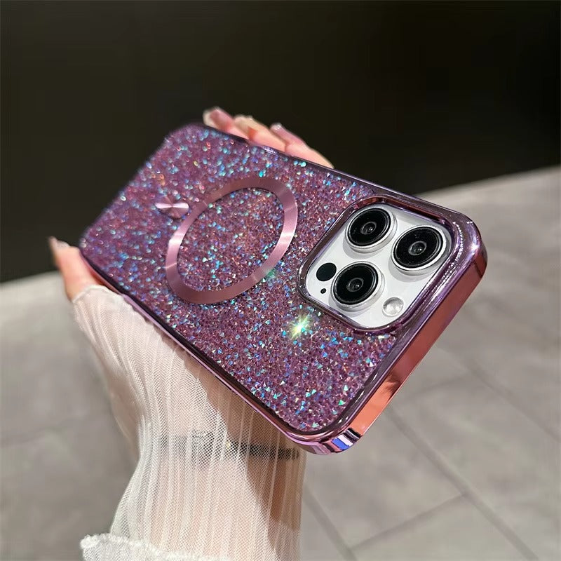 Luxury Magnetic iPhone Case with Glitter Diamond Plating — Shockproof PC Cover, Sparkling Edges, Anti-Scratch, Wireless Charging Compatible