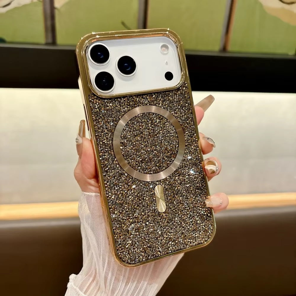 Luxury Magnetic iPhone Case with Glitter Diamond Plating — Shockproof PC Cover, Sparkling Edges, Anti-Scratch, Wireless Charging Compatible