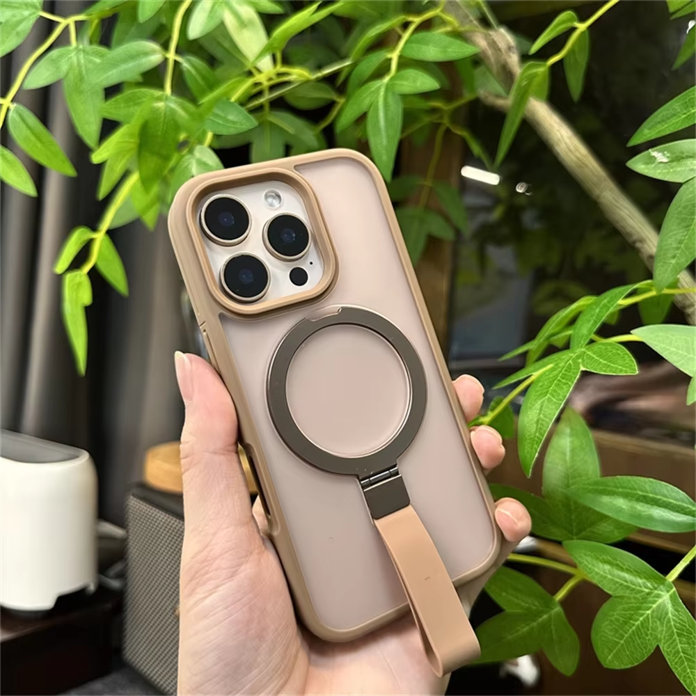Luxury Magnetic iPhone Case with Strap and Stand — Matte Shockproof Cover, Non-Slip Grip, MagSafe Wireless Charging Ready, Textured Modern Design