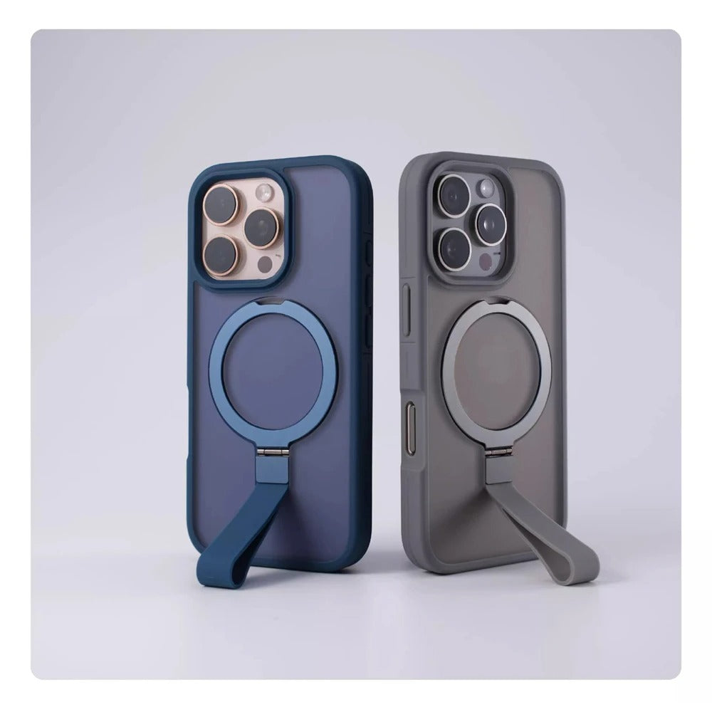 Luxury Magnetic iPhone Case with Strap and Stand — Matte Shockproof Cover, Non-Slip Grip, MagSafe Wireless Charging Ready, Textured Modern Design