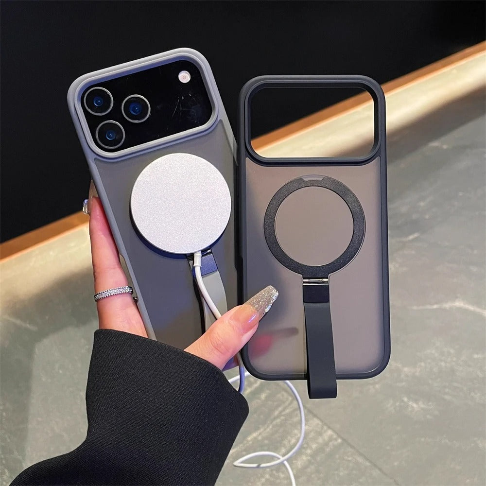 Luxury Magnetic iPhone Case with Strap and Stand — Matte Shockproof Cover, Non-Slip Grip, MagSafe Wireless Charging Ready, Textured Modern Design