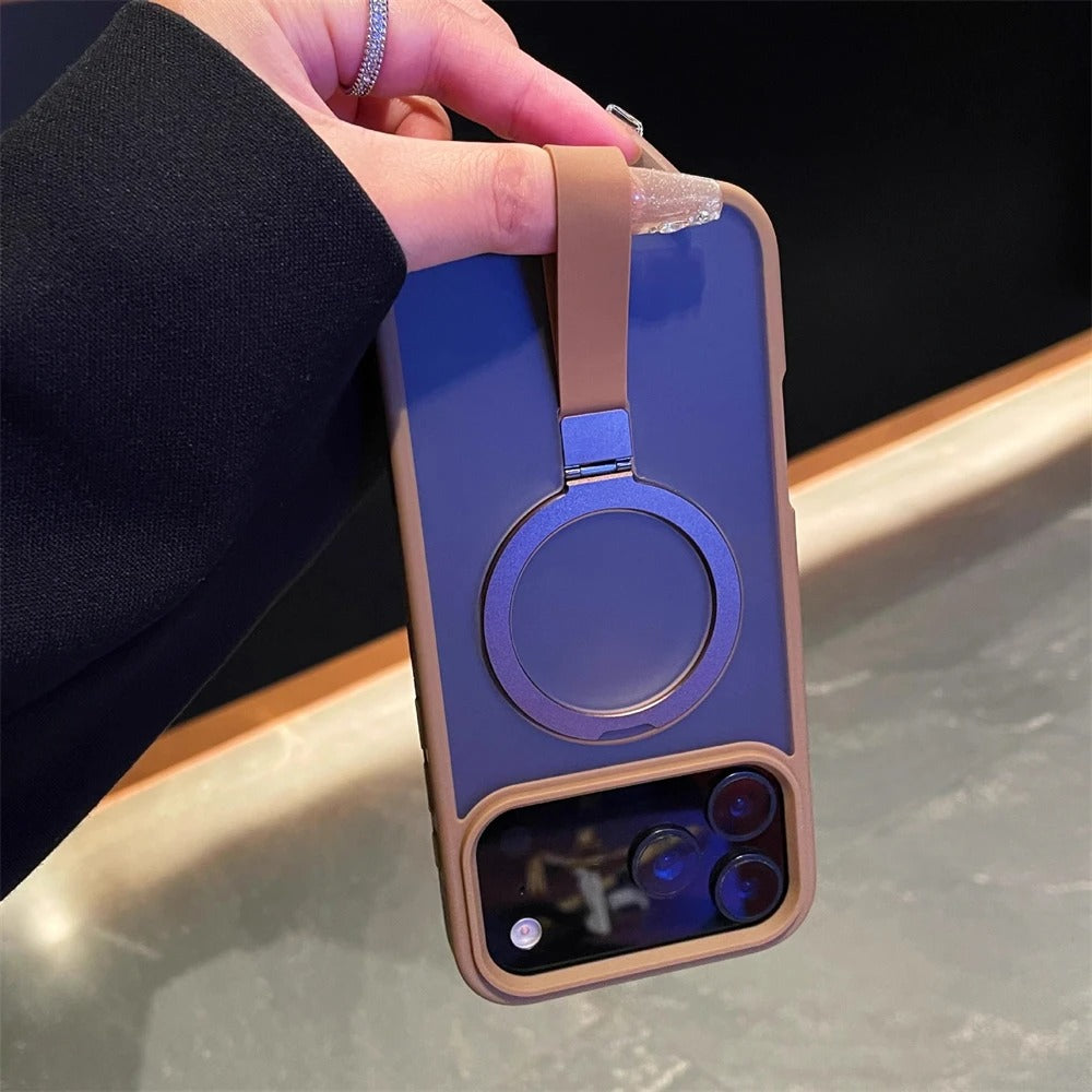 Luxury Magnetic iPhone Case with Strap and Stand — Matte Shockproof Cover, Non-Slip Grip, MagSafe Wireless Charging Ready, Textured Modern Design