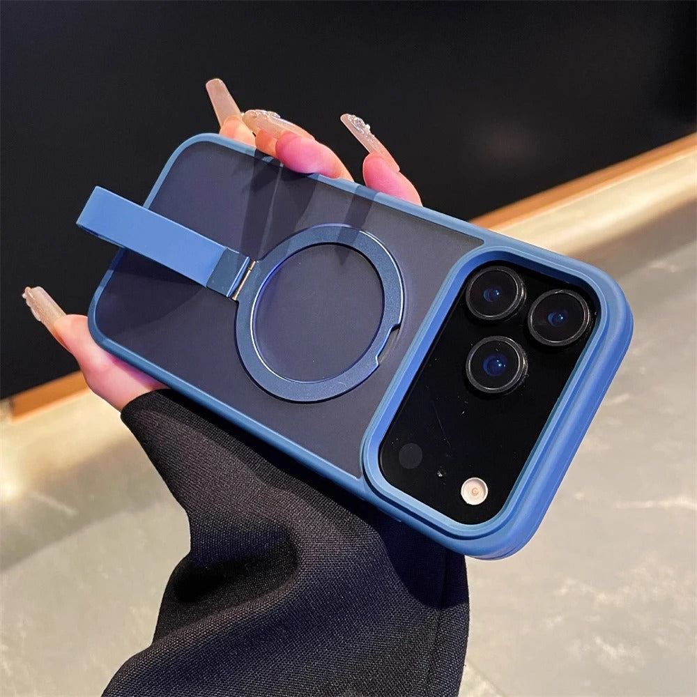Luxury Magnetic iPhone Case with Strap and Stand — Matte Shockproof Cover, Non-Slip Grip, MagSafe Wireless Charging Ready, Textured Modern Design