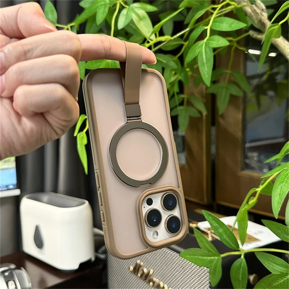 Luxury Magnetic iPhone Case with Strap and Stand — Matte Shockproof Cover, Non-Slip Grip, MagSafe Wireless Charging Ready, Textured Modern Design