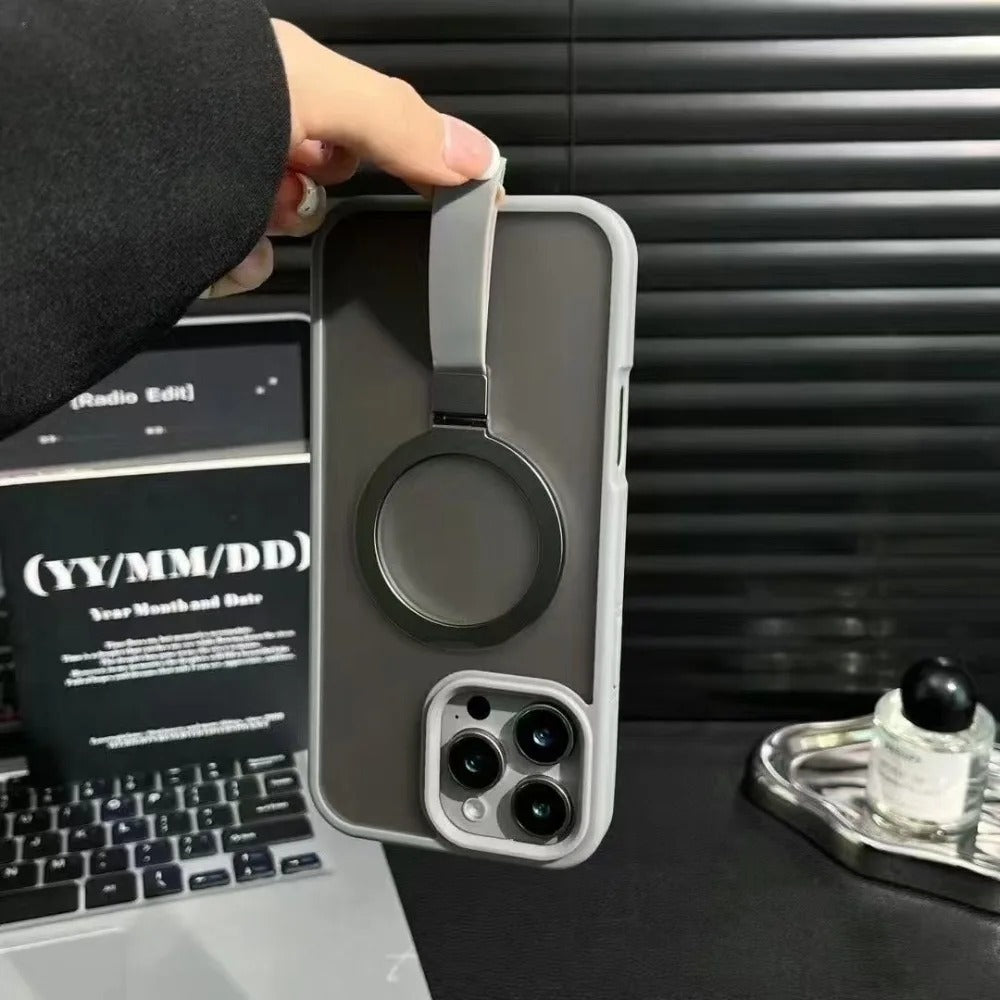 Luxury Magnetic iPhone Case with Strap and Stand — Matte Shockproof Cover, Non-Slip Grip, MagSafe Wireless Charging Ready, Textured Modern Design