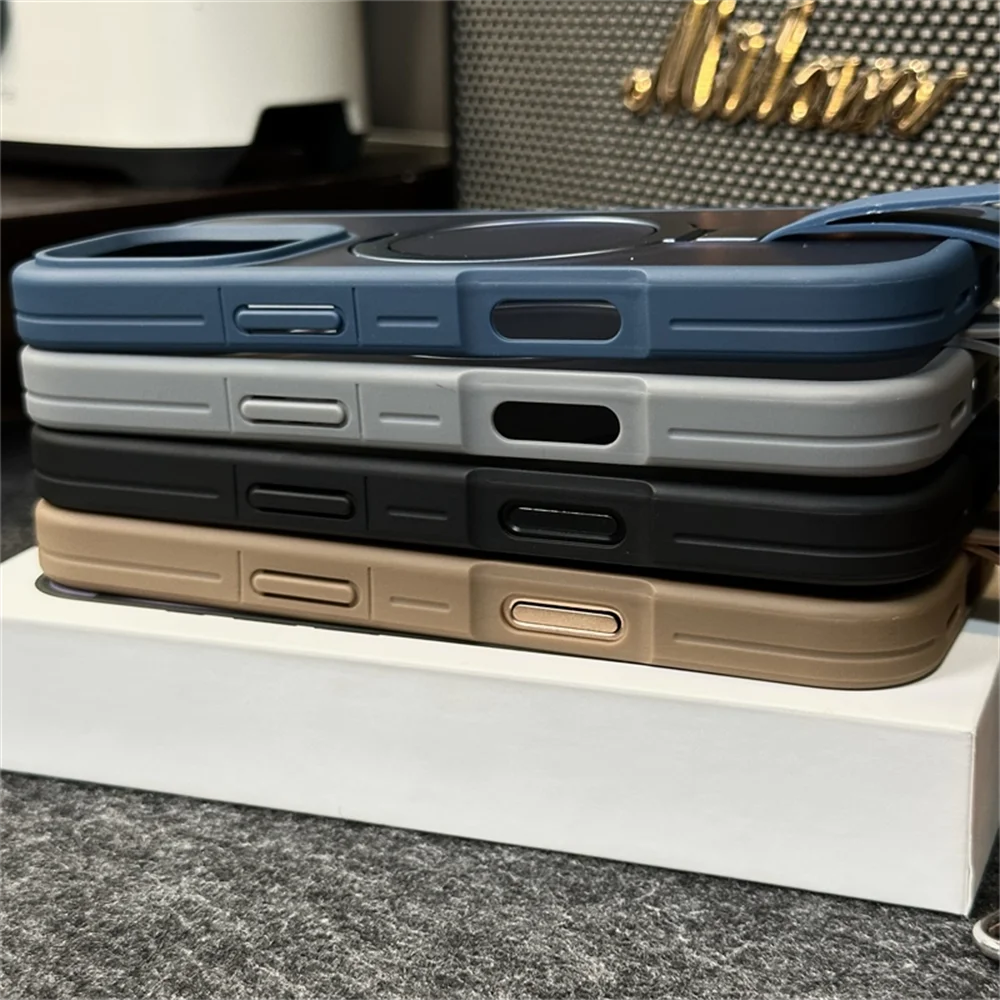 Luxury Magnetic iPhone Case with Strap and Stand — Matte Shockproof Cover, Non-Slip Grip, MagSafe Wireless Charging Ready, Textured Modern Design