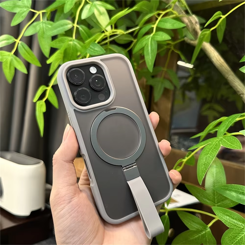 Luxury Magnetic iPhone Case with Strap and Stand — Matte Shockproof Cover, Non-Slip Grip, MagSafe Wireless Charging Ready, Textured Modern Design
