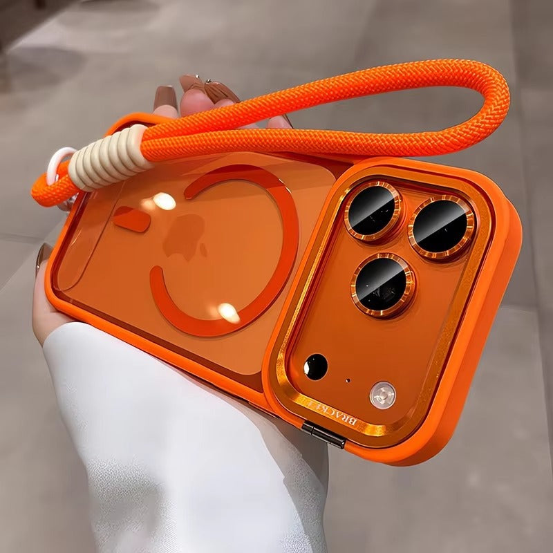 Luxury iPhone Case — MagSafe Camera Bracket Half-Wrapped Transparent Cover, Magnetic, Shockproof, Anti-Fingerprint, Anti-Scratch, Lightweight Wrist Strap