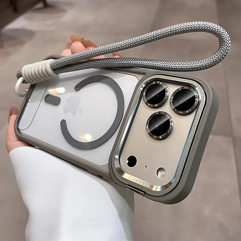 Luxury iPhone Case — MagSafe Camera Bracket Half-Wrapped Transparent Cover, Magnetic, Shockproof, Anti-Fingerprint, Anti-Scratch, Lightweight Wrist Strap