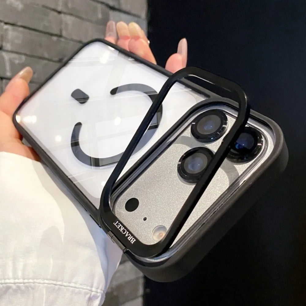 Luxury iPhone Case — MagSafe Camera Bracket Half-Wrapped Transparent Cover, Magnetic, Shockproof, Anti-Fingerprint, Anti-Scratch, Lightweight Wrist Strap