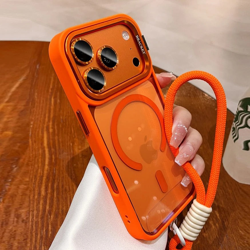 Luxury iPhone Case — MagSafe Camera Bracket Half-Wrapped Transparent Cover, Magnetic, Shockproof, Anti-Fingerprint, Anti-Scratch, Lightweight Wrist Strap