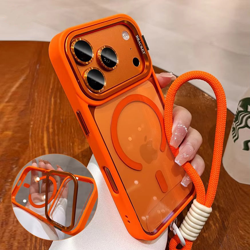 Luxury iPhone Case — MagSafe Camera Bracket Half-Wrapped Transparent Cover, Magnetic, Shockproof, Anti-Fingerprint, Anti-Scratch, Lightweight Wrist Strap