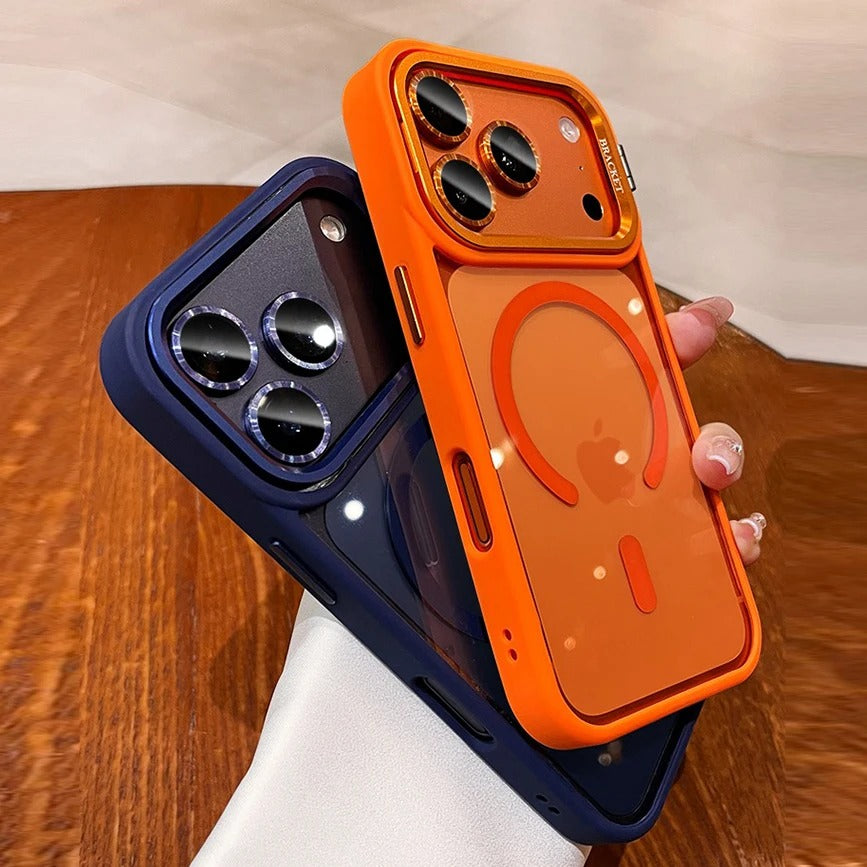 Luxury iPhone Case — MagSafe Camera Bracket Half-Wrapped Transparent Cover, Magnetic, Shockproof, Anti-Fingerprint, Anti-Scratch, Lightweight Wrist Strap