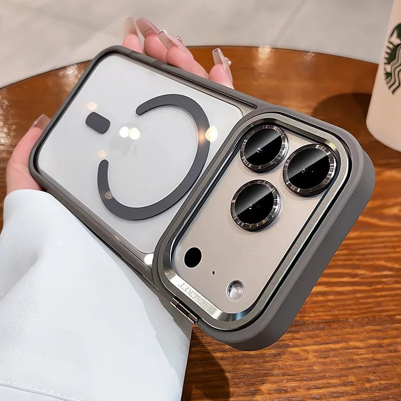Luxury iPhone Case — MagSafe Camera Bracket Half-Wrapped Transparent Cover, Magnetic, Shockproof, Anti-Fingerprint, Anti-Scratch, Lightweight Wrist Strap