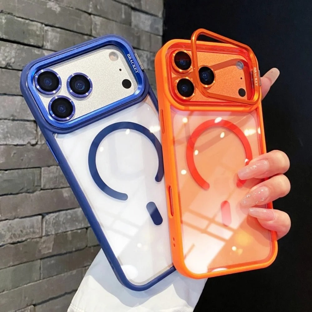 Luxury iPhone Case — MagSafe Camera Bracket Half-Wrapped Transparent Cover, Magnetic, Shockproof, Anti-Fingerprint, Anti-Scratch, Lightweight Wrist Strap