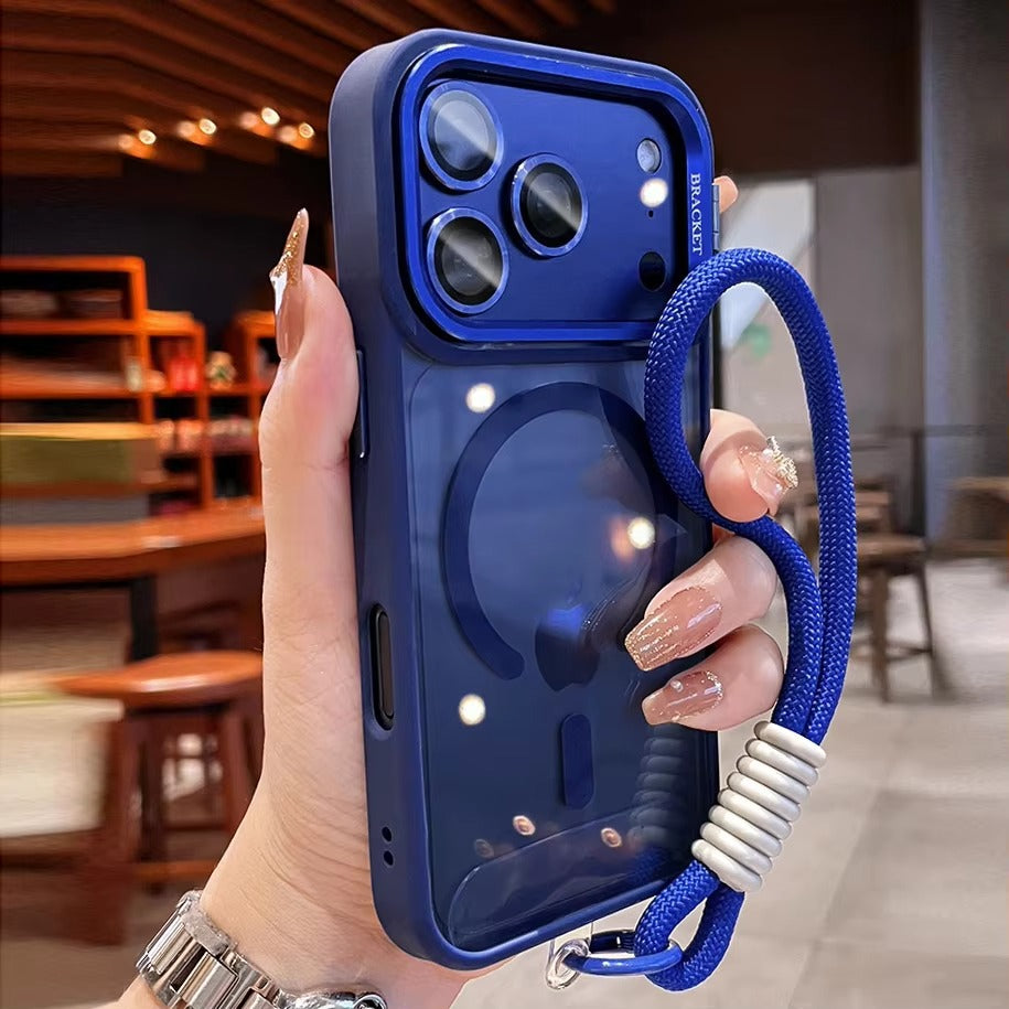 Luxury iPhone Case — MagSafe Camera Bracket Half-Wrapped Transparent Cover, Magnetic, Shockproof, Anti-Fingerprint, Anti-Scratch, Lightweight Wrist Strap