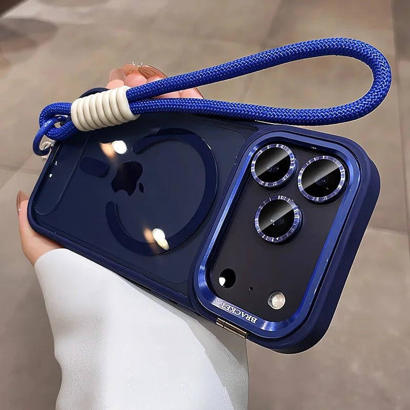 Luxury iPhone Case — MagSafe Camera Bracket Half-Wrapped Transparent Cover, Magnetic, Shockproof, Anti-Fingerprint, Anti-Scratch, Lightweight Wrist Strap