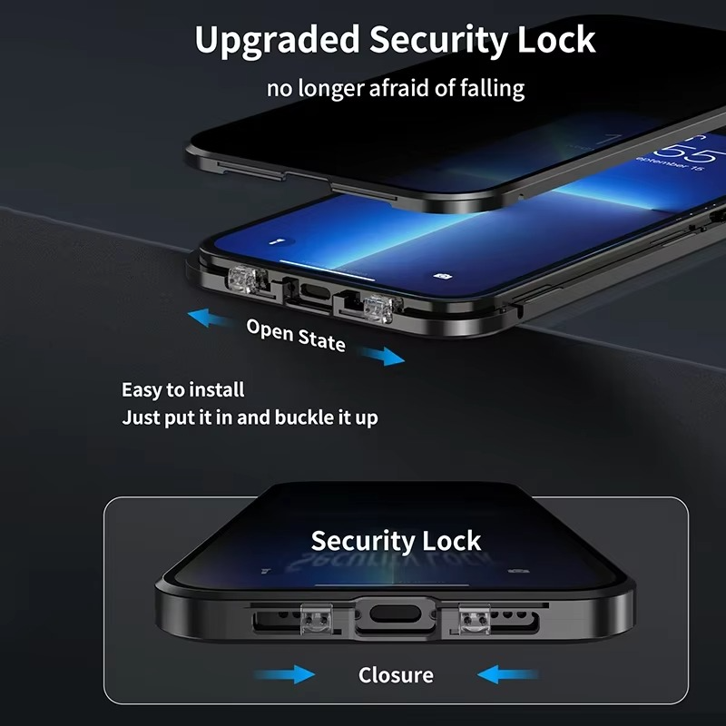 Luxury Metal Magnetic Privacy iPhone Case — 360° Shockproof Full Coverage, Anti-Scratch, Non-Slip, Lightweight Tempered Glass Cover