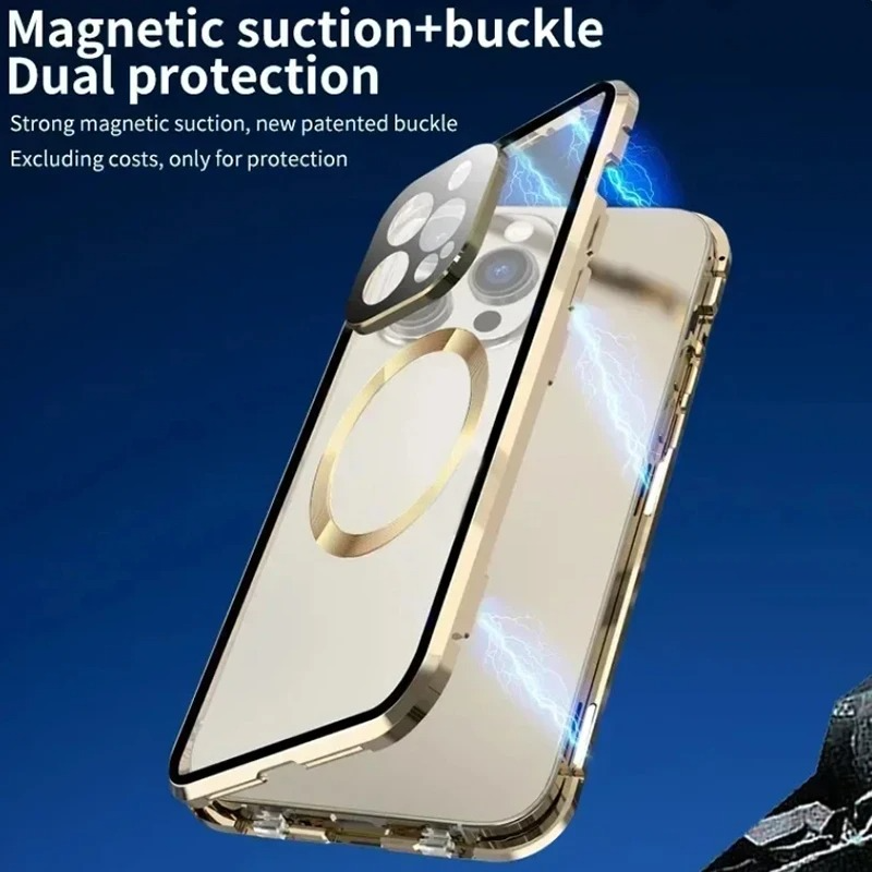 Luxury Metal Magnetic Privacy iPhone Case — 360° Shockproof Full Coverage, Anti-Scratch, Non-Slip, Lightweight Tempered Glass Cover
