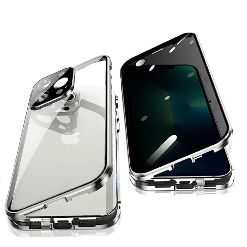 Luxury Metal Magnetic Privacy iPhone Case — 360° Shockproof Full Coverage, Anti-Scratch, Non-Slip, Lightweight Tempered Glass Cover