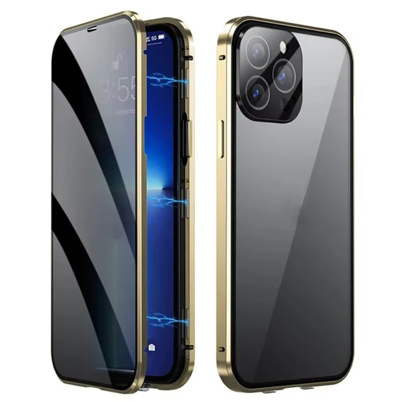 Luxury Metal Magnetic Privacy iPhone Case — 360° Shockproof Full Coverage, Anti-Scratch, Non-Slip, Lightweight Tempered Glass Cover