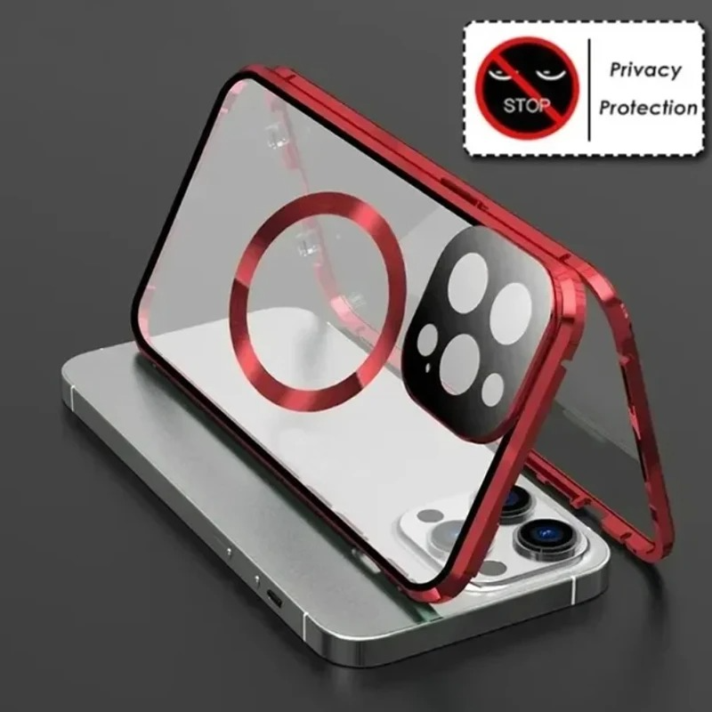 Luxury Metal Magnetic Privacy iPhone Case — 360° Shockproof Full Coverage, Anti-Scratch, Non-Slip, Lightweight Tempered Glass Cover