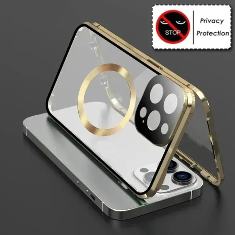 Luxury Metal Magnetic Privacy iPhone Case — 360° Shockproof Full Coverage, Anti-Scratch, Non-Slip, Lightweight Tempered Glass Cover