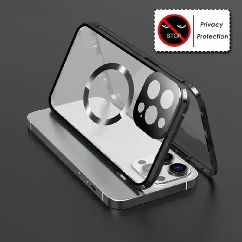 Luxury Metal Magnetic Privacy iPhone Case — 360° Shockproof Full Coverage, Anti-Scratch, Non-Slip, Lightweight Tempered Glass Cover