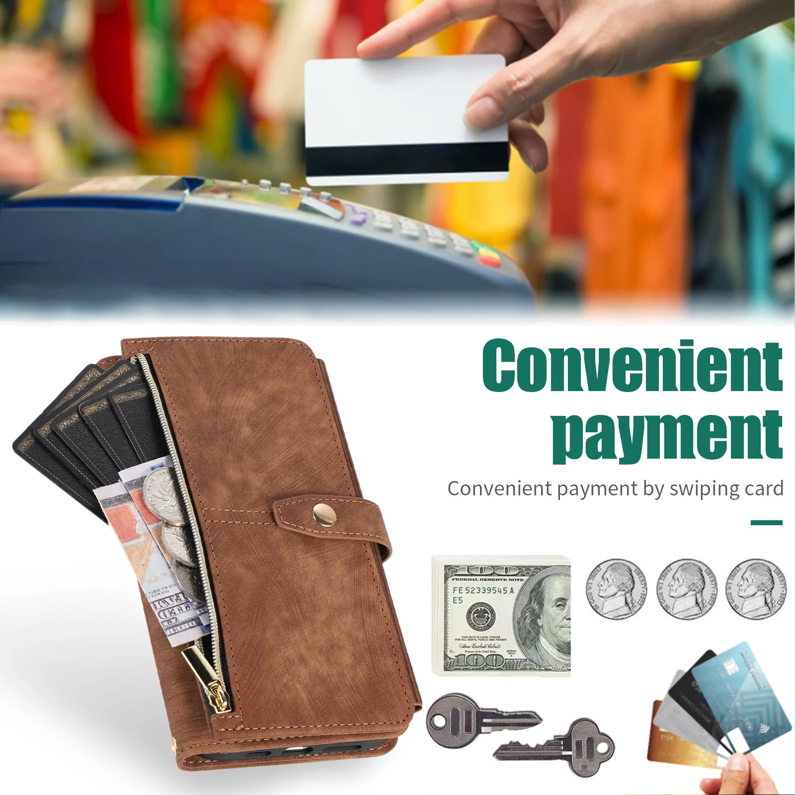 Luxury PU Leather iPhone Case — Crossbody Wallet Cover with Card Holder, Lanyard, Kickstand, Dustproof, and Storage Compartment