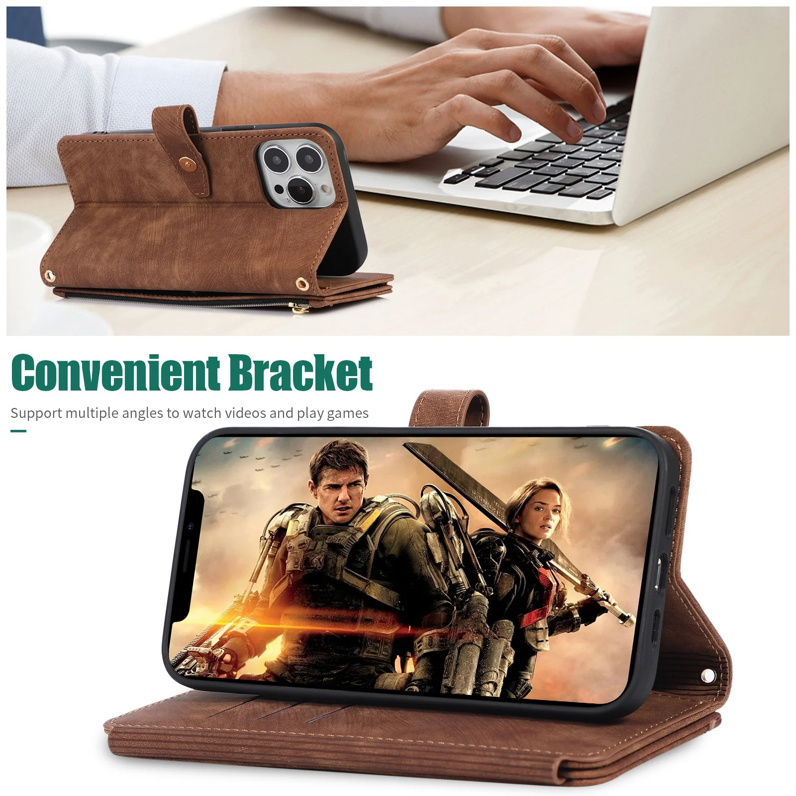 Luxury PU Leather iPhone Case — Crossbody Wallet Cover with Card Holder, Lanyard, Kickstand, Dustproof, and Storage Compartment