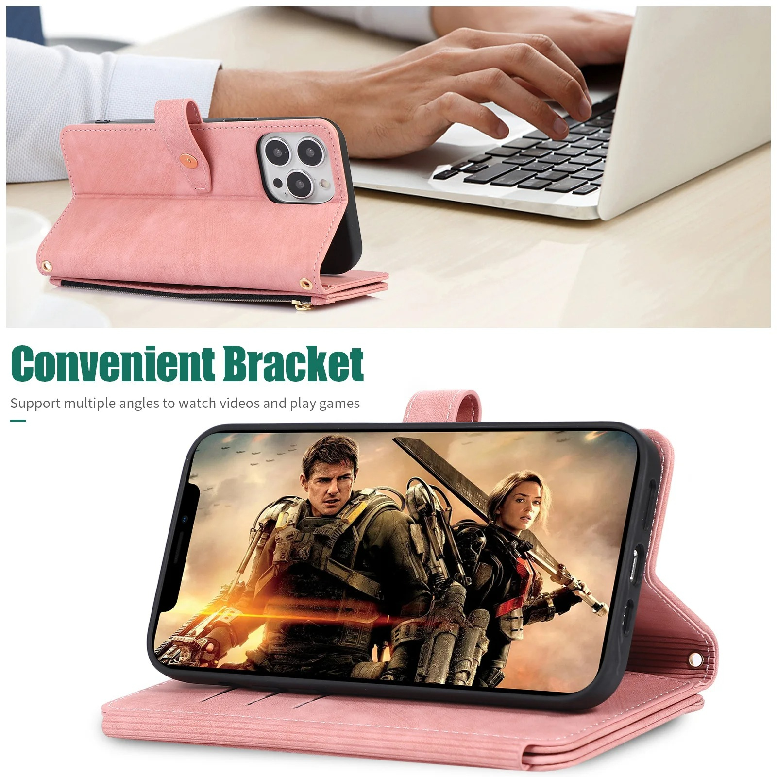 Luxury PU Leather iPhone Case — Crossbody Wallet Cover with Card Holder, Lanyard, Kickstand, Dustproof, and Storage Compartment