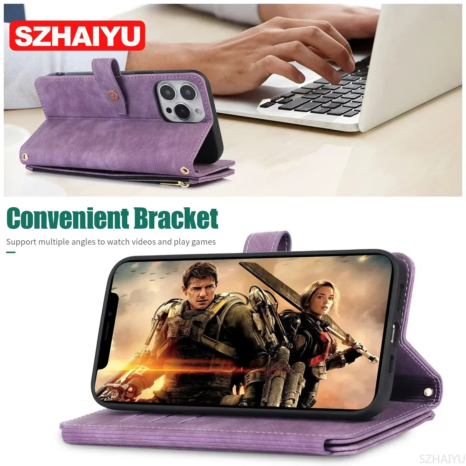 Luxury PU Leather iPhone Case — Crossbody Wallet Cover with Card Holder, Lanyard, Kickstand, Dustproof, and Storage Compartment