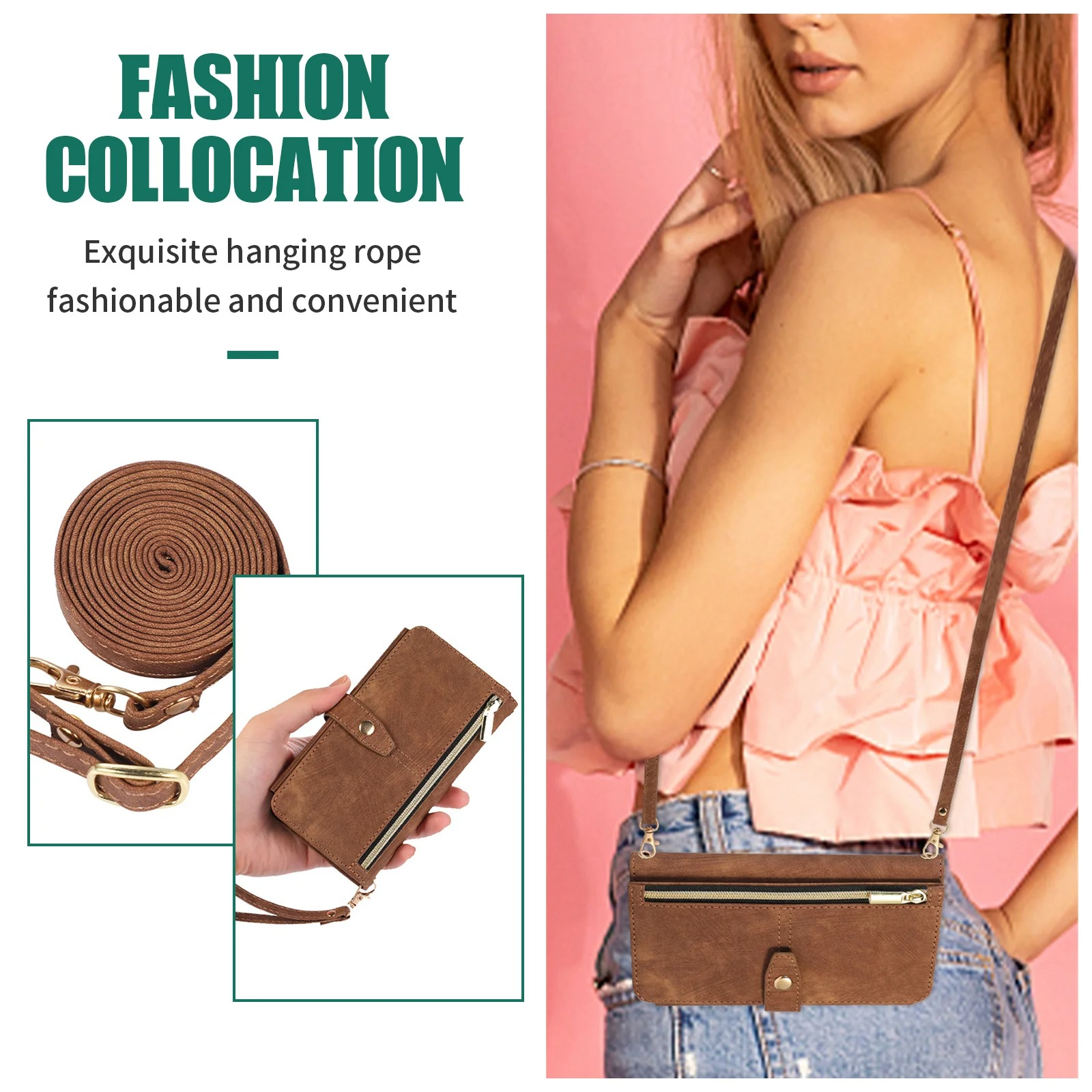 Luxury PU Leather iPhone Case — Crossbody Wallet Cover with Card Holder, Lanyard, Kickstand, Dustproof, and Storage Compartment