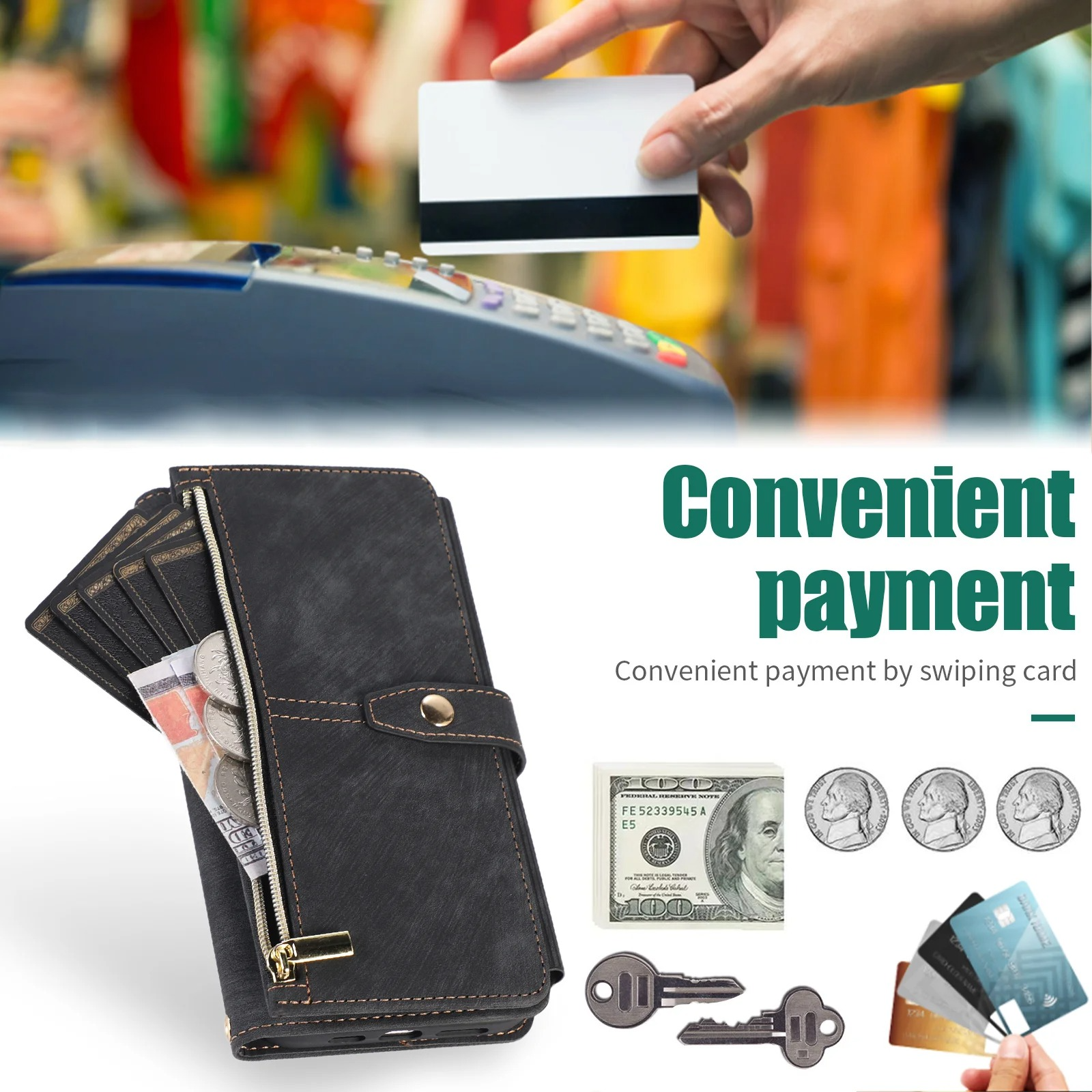 Luxury PU Leather iPhone Case — Crossbody Wallet Cover with Card Holder, Lanyard, Kickstand, Dustproof, and Storage Compartment