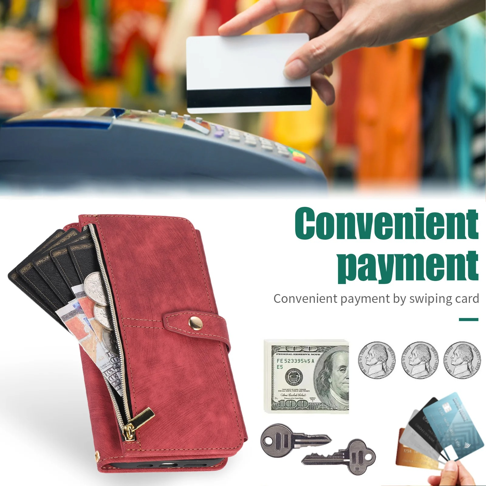 Luxury PU Leather iPhone Case — Crossbody Wallet Cover with Card Holder, Lanyard, Kickstand, Dustproof, and Storage Compartment