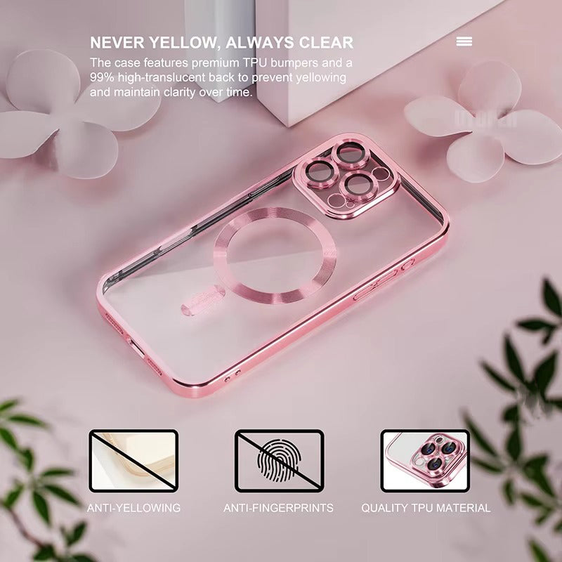Luxury iPhone Case — Soft TPU Plating MagSafe Magnetic Lens Protection with Shockproof, Anti-Fingerprint, Anti-Scratch Transparent Half-Wrapped Cover