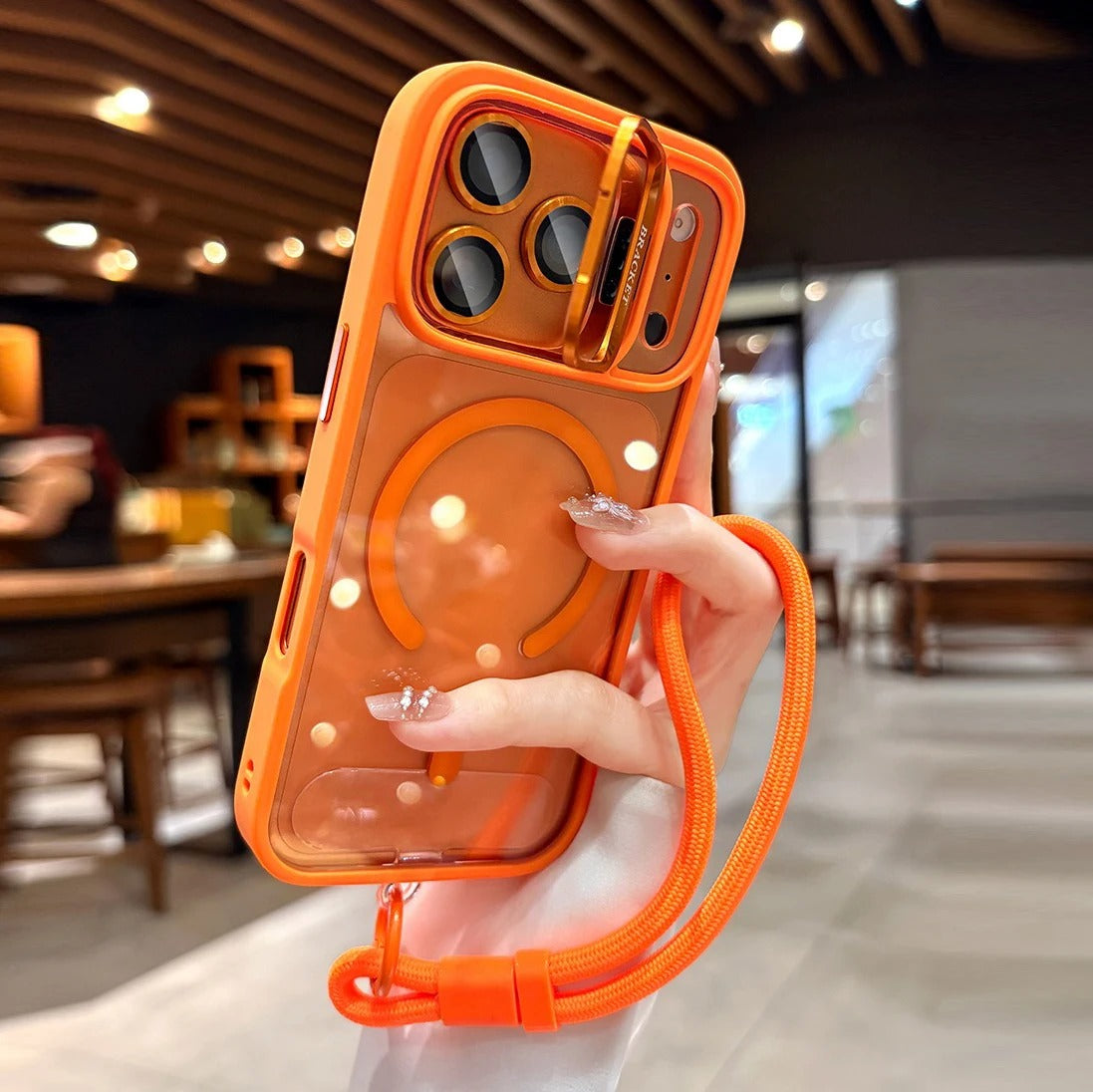 Luxury iPhone Case — Transparent MagSafe Compatible Half-Wrapped Shockproof Cover with Camera Bracket, Anti-Fingerprint, Non-Slip Design and Wrist Strap