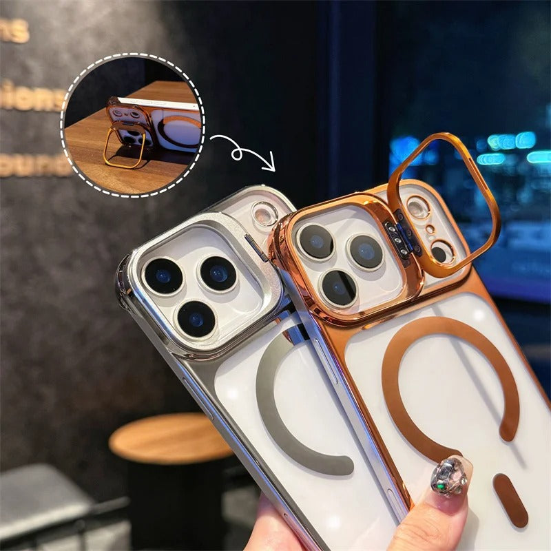 Luxury iPhone Case — Ultra-Thin Frameless Magnetic Plating Cover with Cooling Metal Camera Holder, MagSafe Compatible, Shockproof, Lightweight Full Protection Design