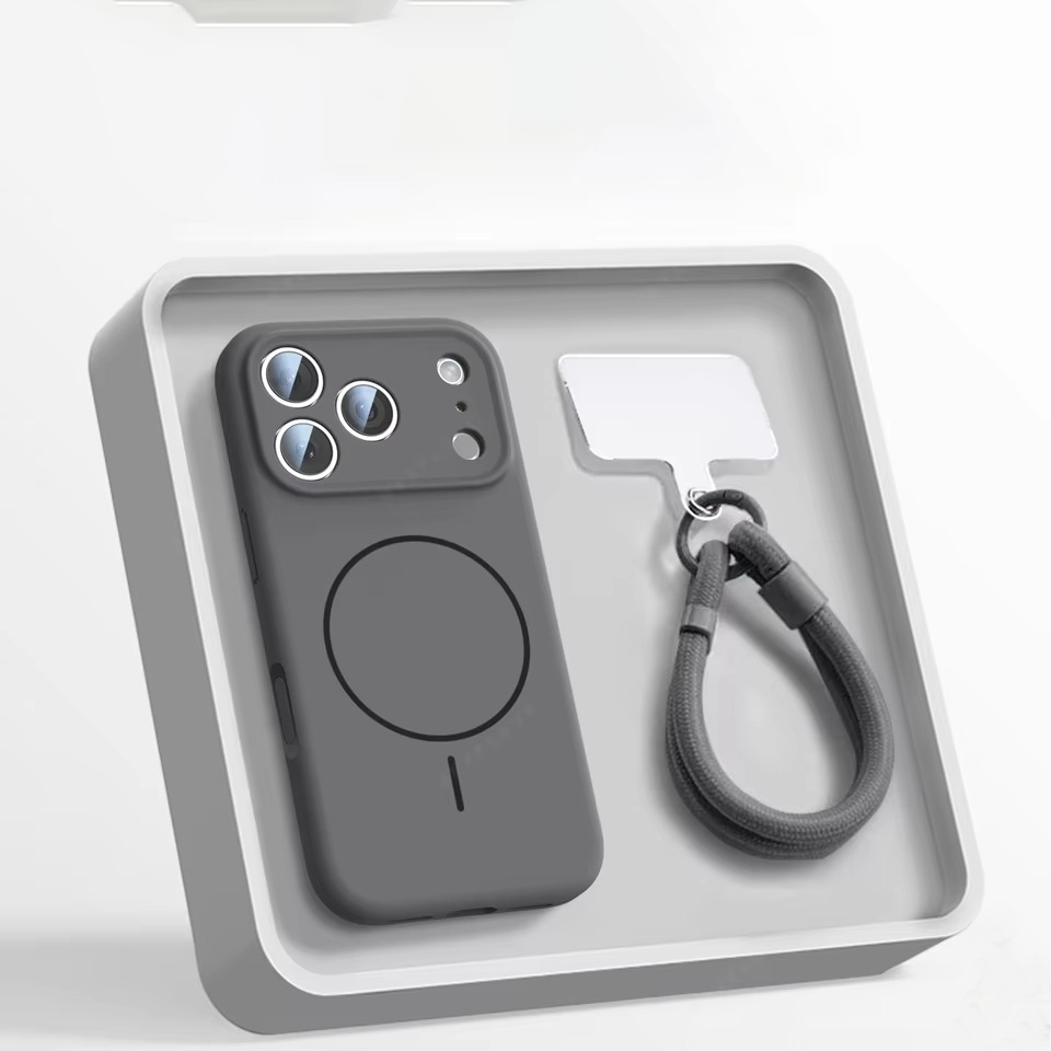 Luxury Magnetic iPhone Case — Liquid Silicone Matte Shockproof Bumper, Wrist Strap Lanyard, Anti-Fingerprint, Anti-Scratch, Dustproof, Non-Slip