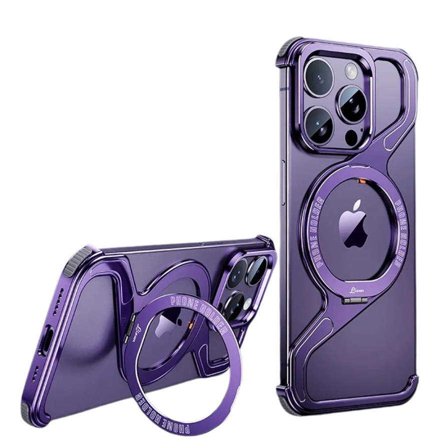 Luxury iPhone Case — Z-Shaped Frameless Magnetic Metal Snap-On Cover with Rotating Ring, Shockproof, Lightweight, Non-Slip, Full Protection