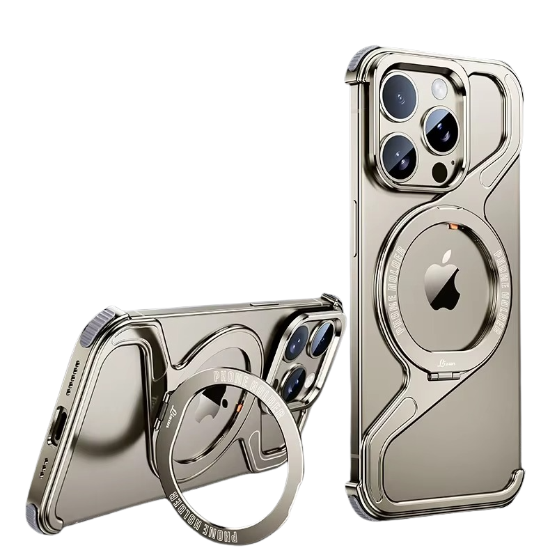 Luxury iPhone Case — Z-Shaped Frameless Magnetic Metal Snap-On Cover with Rotating Ring, Shockproof, Lightweight, Non-Slip, Full Protection