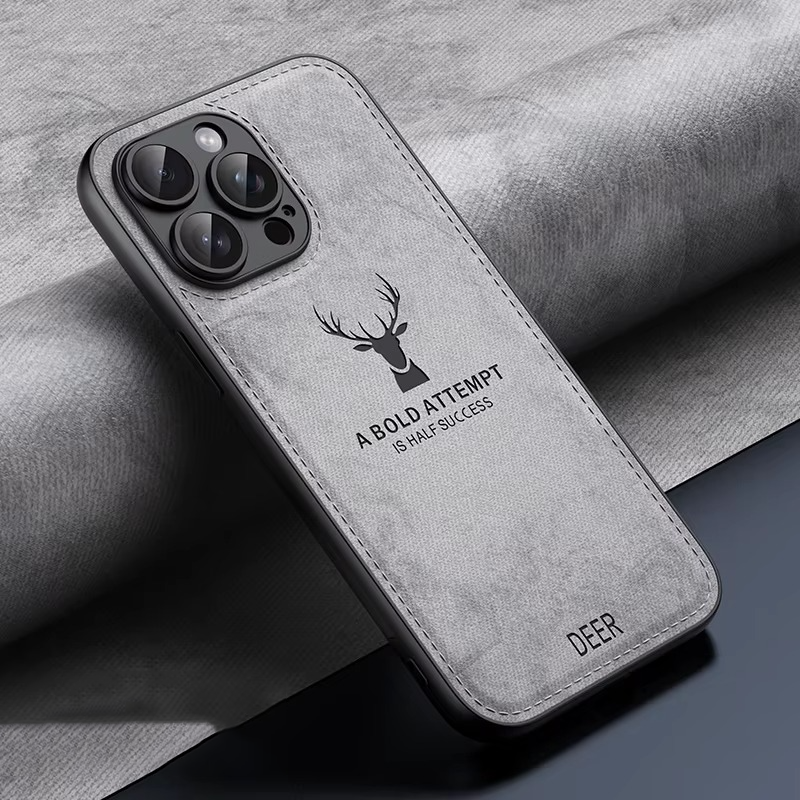 Luxury iPhone Case — Cloth Leather Deer Head Pattern Cover with Shockproof Soft Full-Coverage Protection, Anti-Fingerprint Matte Non-Slip Design